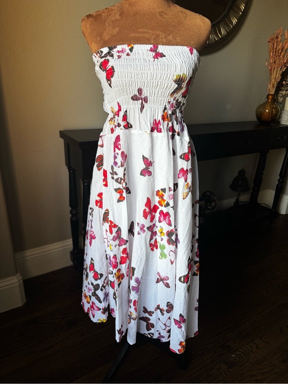 White Strapless Butterfly Print Midi Dress